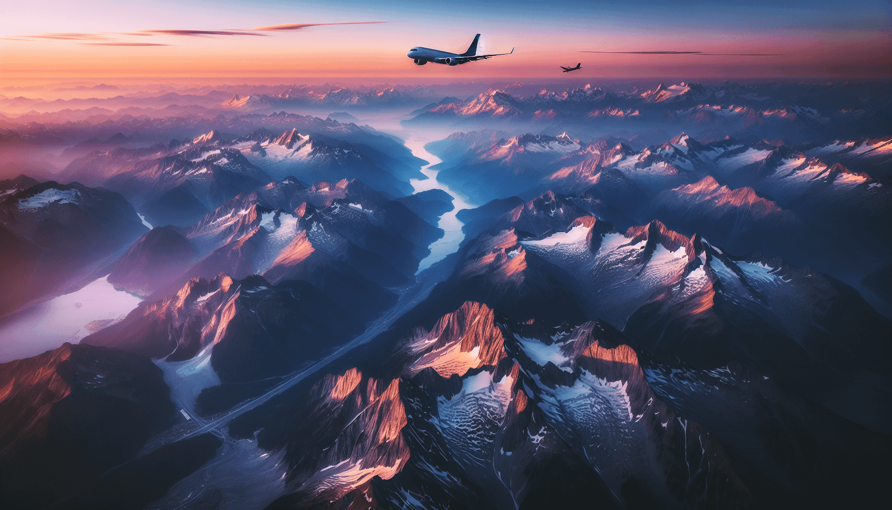 Mountains and airplane at dawn